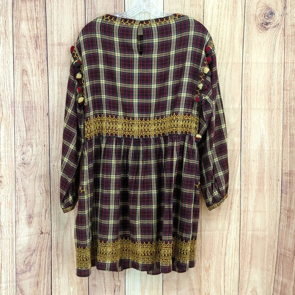 ZARA NWOT Brown Plaid Mini Dress With Pom Poms - Picture 8 of 10